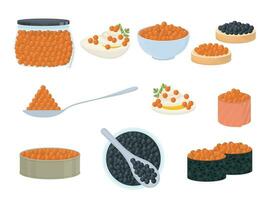 Cartoon Red and Black Caviar Icons Set. Vector