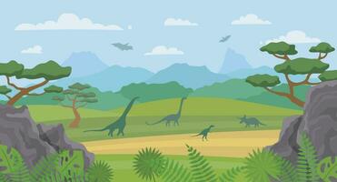 dibujos animados color dinosaurios y paisaje escena concepto. vector