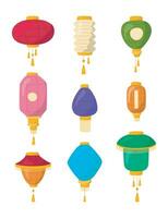 Cartoon Color Traditional Chineese Paper Lanterns Icons Set. Vector