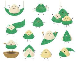 Cartoon Color Characters Rice Dumpling Icon Set. Vector