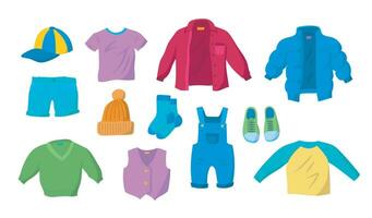 Cartoon Color Clothes Boys Icon Set. Vector