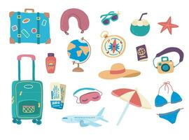 Cartoon Color Travel Stuff Icon Set. Vector