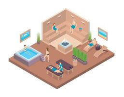 Characters People Relaxing Sauna Interior with Furniture Isometric View. Vector