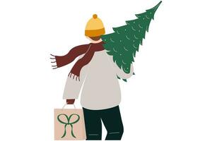 A man with his back turned carries a Christmas tree on his shoulders and holds a package in his hand vector