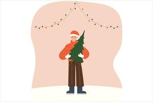 A man is holding a Christmas tree. Festive winter concept. Vector illustration in simple style