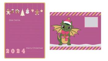 Christmas letter template to Santa Claus and envelope. Decorated sheet of paper and envelope with illustration of dragon symbol of 2024. Vector illustration. Vector.