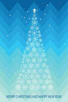 Greeting card Merry Christmas and Happy New Year. Christmas design on blue background. Christmas tree, frame, decor. Vector illustration. Vector