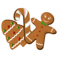 Gingerbread cookie man with candy cane and Christmas tree. Digital illustration for design decorating invitations and cards, making stickers,  print on packaging. png