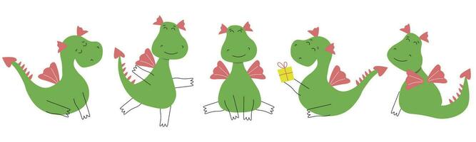 Set of cute abstract dragons in different poses. Little cheerful dinosaur. Vector graphics.