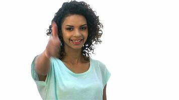 Girl showing positive emotions thumb up video