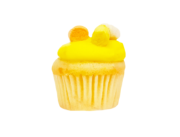 Cupcake with yellow or pineapple cream topping isolated on transparent background with clipping path or make a selection. Dessert food. png transparency