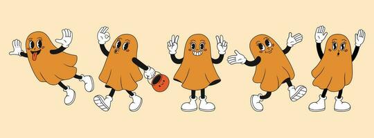 Collection cute groovy ghosts in difference poses. Vector illustration in retro style.