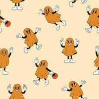 Halloween seamless pattern with retro cartoon ghosts. Comic retro character. Groovy funky vector illustration in retro style.