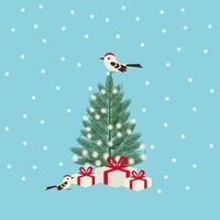 Festive noel tree with lights in snow presents and birds. Christmas vector illustration.