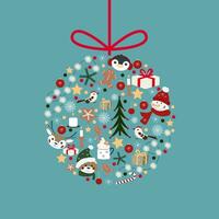 Vector Christmas ball with cute deer, penguin, snowman and bear, decorations, lights, stars. Illustration for greeting card, poster, banner, invitations.