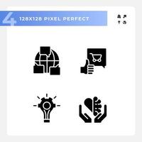 2D pixel perfect glyph style icons set representing soft skills, black silhouette illustration. vector