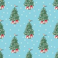 Christmas vector seamless pattern with festive noel tree, lights, snow, presents and birds.