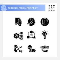 Pixel perfect glyph style icons representing soft skills, black silhouette illustration set. vector