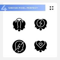 Pixel perfect glyph style icons set representing soft skills, black silhouette illustration. vector