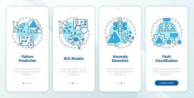 2D blue icons representing predictive maintenance mobile app screen set. Walkthrough 4 steps graphic instructions with line icons concept, UI, UX, GUI template. vector