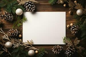 Christmas background with blank paper and decorations on a wooden table. photo