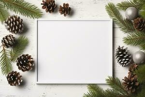 Christmas background with blank paper and decorations on a white table. photo