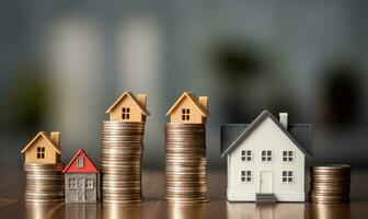 stack of coins increasing in height beside a miniature house model AI Generated photo