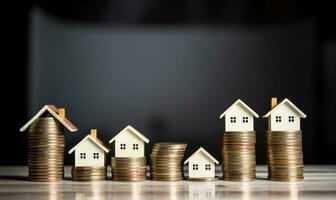 stack of coins increasing in height beside a miniature house model AI Generated photo