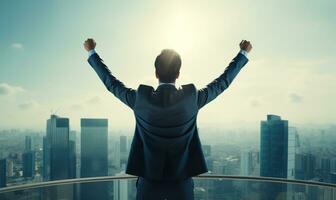 Successful businessman raising arms like a winner standing on roof of office building with city view AI Generated photo