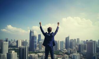 Successful businessman raising arms like a winner standing on roof of office building with city view AI Generated photo