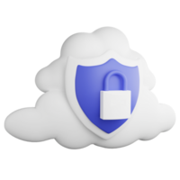 Cloud security clipart flat design icon isolated on transparent background, 3D render technology and cyber security concept png