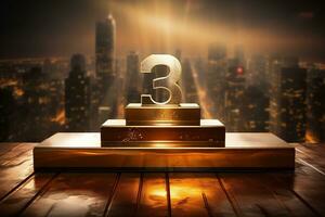 Gold trophy for third place. The number three is on a golden pedestal with a glow. Blurred background photo