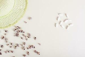 Concept of sunscreen supplements for skin, seashells and hat on a light background photo