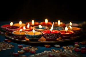 Indian festival Diwali, Diya oil lamps lit on colorful rangoli. Hindu traditional. Selective focus, Diwali festival of lights tradition Diya oil lamps against dark background, AI Generated photo