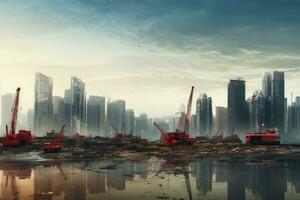 Construction site with cranes and skyscrapers, 3d render, Depressing the cityscape with the construction of new buildings, AI Generated photo