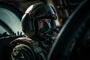 portrait of a special forces soldier in the cockpit of a military aircraft, A geared up fighter pilot sitting in an aircraft, AI Generated photo