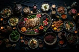 Traditional Turkish and Greek dinner appetizer table with meat, vegetables and fruits, Delicious food for a Ramadan feast in the table, top view, AI Generated photo