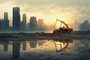 excavator working on construction site with cityscape background at sunset, Depressing the cityscape with the construction of new buildings, AI Generated photo