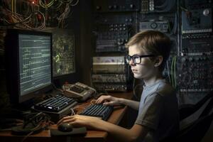 un chico en lentes mira a el computadora monitor. el chico en el oscuro. un nerd chico es programación a un computadora en un habitación, ai generado foto