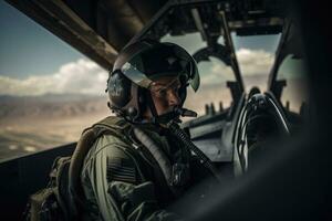 retrato de un piloto en el cabina de un militar aeronave. un orientado arriba combatiente piloto sentado en un aeronave, ai generado foto