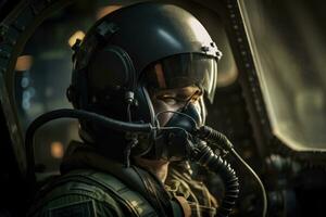 Portrait of a special forces soldier in the cockpit of a military aircraft, A geared up fighter pilot sitting in an aircraft, AI Generated photo