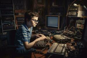 retrato de un chico jugando computadora juegos en un oscuro habitación. un nerd chico es programación a un computadora en un habitación, ai generado foto