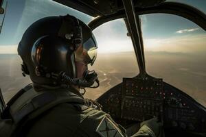 Pilot in the cockpit of a helicopter flying over the clouds. A geared up fighter pilot sitting in an aircraft, AI Generated photo