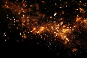 Abstract gold sparkles on black background. Gold glittering sparks on black background, Detail of fire sparks isolated on black background, AI Generated photo