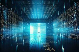 Futuristic hallway with binary code. Technology concept. 3D Rendering, Digital binary code and AI algorithms running in the background, Modern server way, AI Generated photo