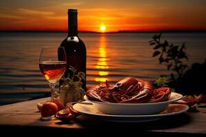 Lobster and wine on the background of the setting sun, Dinner with seafood and red wine on the background of sea sunset, AI Generated photo