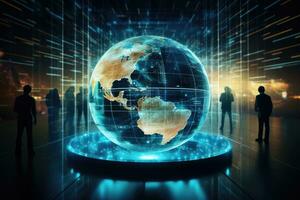 Globe and business people on abstract digital background. 3D rendering, Data transfer through global network infrastructure, Digital communication system on a globe hologram, AI Generated photo