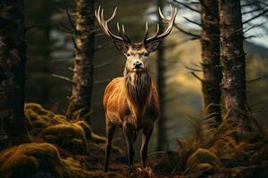 Red deer stag in forest during rutting season, UK, deer in the wild HD 8K wallpaper Stock Photographic Image, AI Generated photo