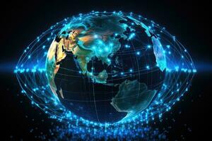 Earth planet with glowing lines representing global communication. 3D illustration, Data transfer through global network infrastructure, Digital communication system on a globe hologram, AI Generated photo