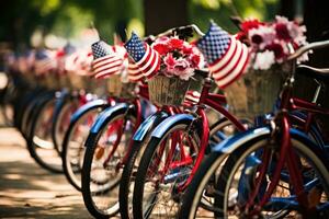 Bicycles decorated with American flags and flowers in a row, Decorated bicycles lined up for a Fourth of July parade, Independence Day, AI Generated photo